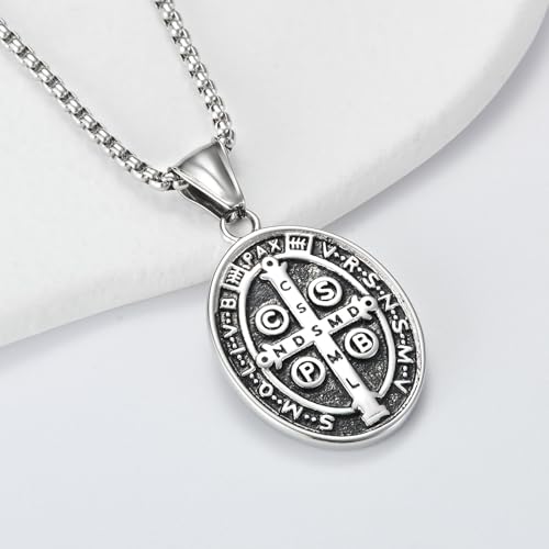 St Benedict Exorcism Medal Necklace for Men Catholic Cross Pendant - color: Silver-2