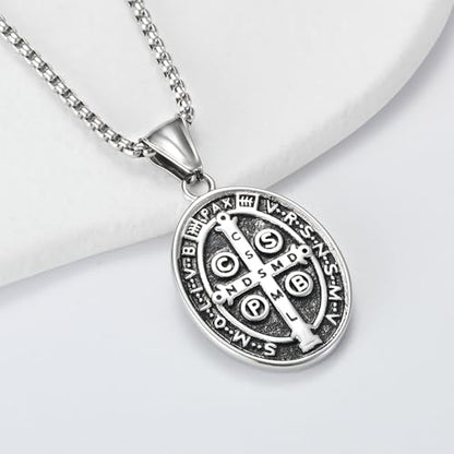 St Benedict Exorcism Medal Necklace for Men Catholic Cross Pendant - color: Silver-2