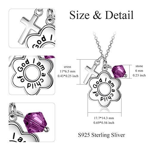 AOBOCO 925 Sterling Silver I Am a Child of God Daisy Necklace Jewelry Birthday Birthday Baptism Communion Gifts for Girls - color: Simulated Amethyst