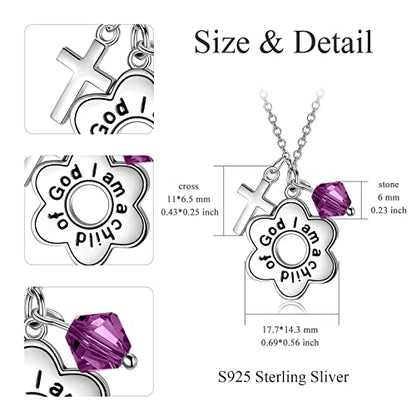 AOBOCO 925 Sterling Silver I Am a Child of God Daisy Necklace Jewelry Birthday Birthday Baptism Communion Gifts for Girls - color: Simulated Amethyst