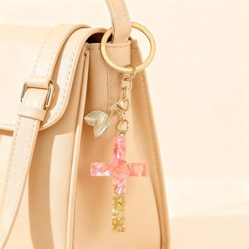 Angyape Cute Christian Cross Keychain for Women Purse Bag Charms Car Key Rings Accessories Flower Design Jesus Faith Gifts - color: I：pink