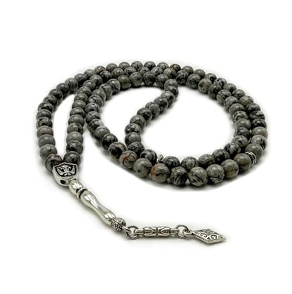 Elegant 8mm Jasper Map Agate Handmade Tasbih – Gemstone Muslim Prayer Beads, Metal Tassel with Special Case | Islamic Gifts for Dhikr, Namaz, Meditation - size: 99 Beads
