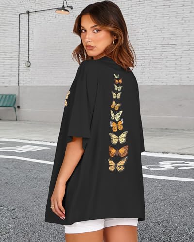 Womens Oversized Tshirt Graphic Tees Crew Neck Summer Short Sleeve Tops - color: A-butterfly Print Black, size: Small