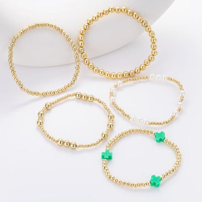 Gold Beaded Pearl Cross Bracelets Stackable Christian Stretch Jewelry Set - color: Green