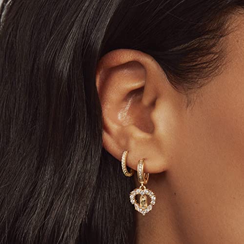 KissYan 14K Gold Plated Huggie Earrings for Women, S925 Sterling Silver Small CZ Cross Hoop Dangle Drop Earrings, Hypoallergenic Dainty Handmade Jewelry - style: Virgin Mary