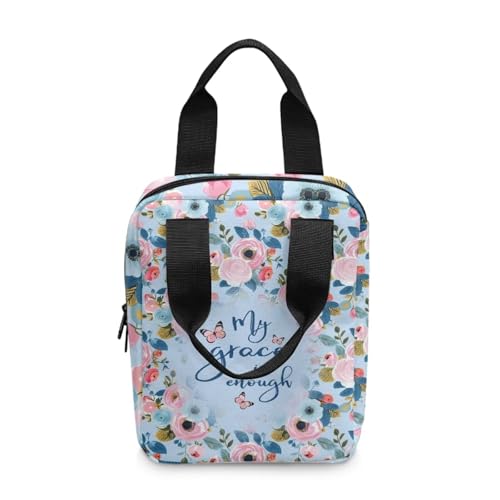 Bible Cover Bag for Women Men, My Grace is Enough, Scripture Study Carrying Book Cover Church Bag with Handle and Pocket for Fathers Mothers Mom Kids, Christian Gifts - color: Poppy Flower Butterfly