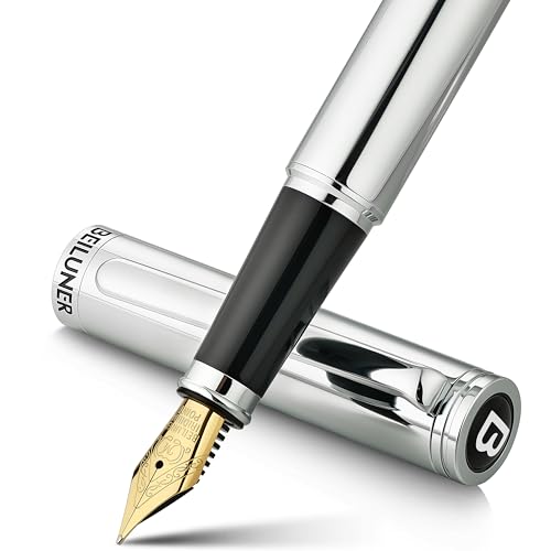BEILUNER Silver Fountain Pen,Stunning Luxury Pens with Bright Silver Chrome, Gorgeous 24K Gilded Nib(Medium), Fancy Pen Gift for Men&Women -Ink Converter-Elegant, Office,Nice Pen for Writing - color: Silver, style: Medium Nib