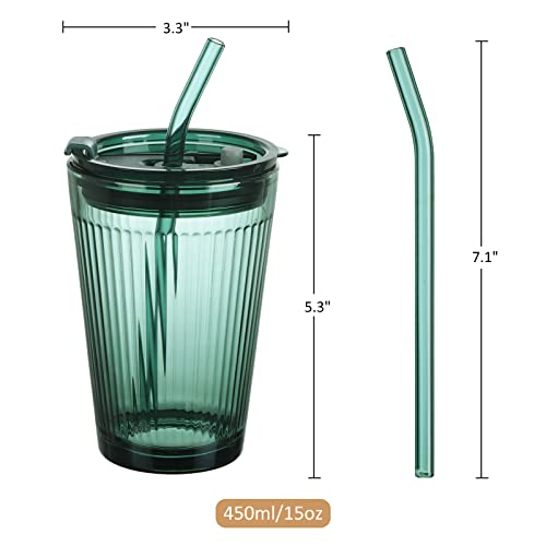 Joeyan Glass Tumbler with Straw and Lid,Green Glasses Water Cup with Straw - color: Green-1