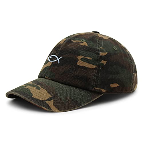 JPAK Jesus Fish Symbol Premium Dad Hat Embroidered Cotton Baseball Cap Symbol of Christianity - color: Green Camo