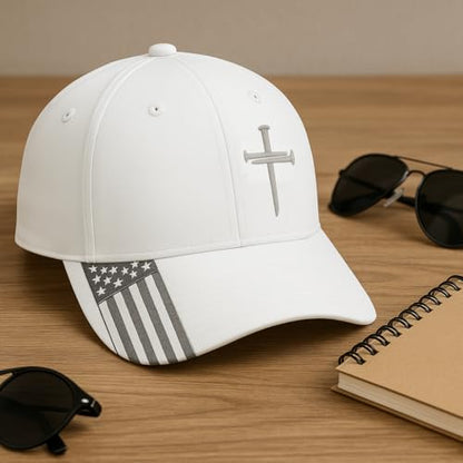 Christian Hats for Men, Three Nails Cross Embroidered Faith Baseball Cap - color: White