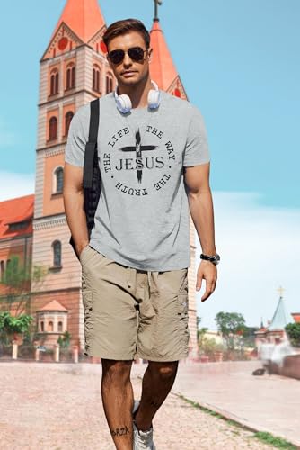 Christian Jesus Faith Shirts Men: The Way The Truth Life Cross Graphic Tee - color: Light Gray, size: Large