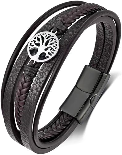 YL Mens Cross Viking Celtic Ankh Odin Compass Life Tree Leather Bracelet, 18K Gold/Black Rhodium Stainless Steel Christian Religious Protection Talisman Brown Cuff Handcrafted Jewelry Gifts - color: 18K White Gold-Life Tree-Brown, size: 8.3"(210mm)