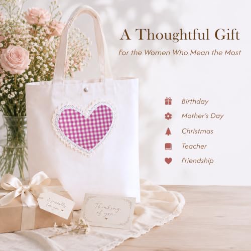 Christian Tote Bag Gift for Women, Canvas Bible Bag Handmade Floral Cross - color: White-gingham Love