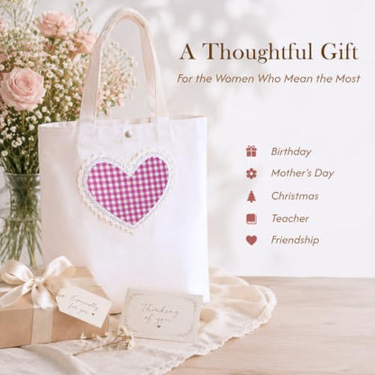 Christian Tote Bag Gift for Women, Canvas Bible Bag Handmade Floral Cross - color: White-gingham Love