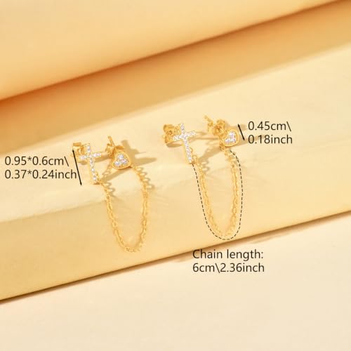 925 Sterling Silver Cross Heart Chain Stud Earring for Women - color: Golden