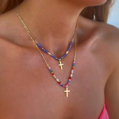 Turandoss Layered Cross Necklaces Stack for Women Girls, Christian Gift - color: Cross-Colorful Beaded