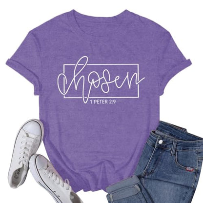 Women's Christian Shirt Christ Chosen T-Shirts Bible Verse Tee Tops - color: Purple, size: Small