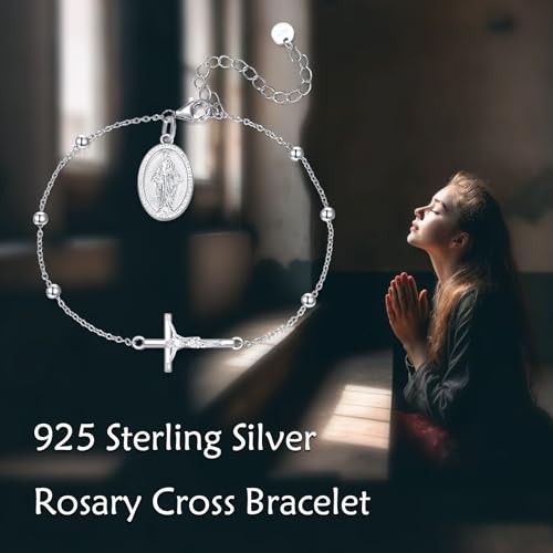 Catholic Rosary Bracelet for Women 925 Sterling Silver Crucifix Cross Virgin Mary Medal Beaded Chain Religious Jewelry Gift for Her