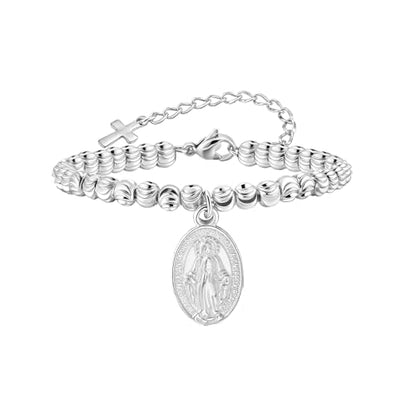 Rnivida 14K Gold Plated Stainless Steel Catholic Rosary Bracelet for Women,Religious Gift for Confirmation Baptism First Communion Easter - color: Silver