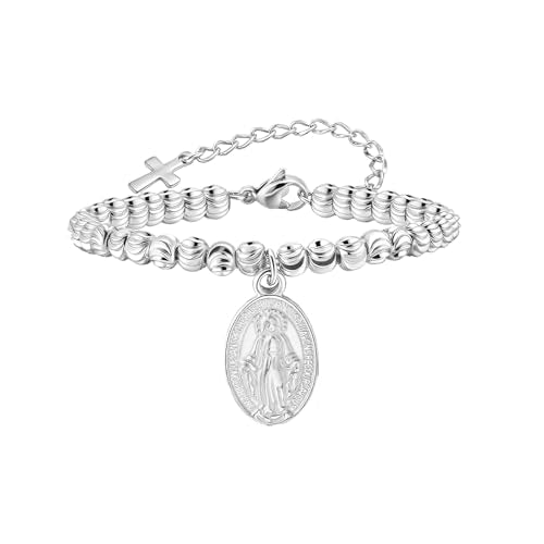 Rnivida 14K Gold Plated Stainless Steel Catholic Rosary Bracelet for Women,Religious Gift for Confirmation Baptism First Communion Easter - color: Silver