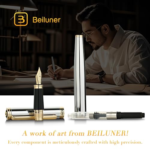 BEILUNER Silver Chrome Fountain Pen,Stunning Luxury with 24K Gold Accents, Gorgeous 24K Gilded Nib(Medium), Fancy Pen Gift for Men&Women -Ink Converter-Elegant, Office,Nice Pen for Writing - color: Silver Chrome and Gold Finish, style: Medium Nib