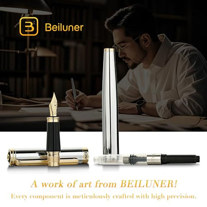 BEILUNER Silver Chrome Fountain Pen,Stunning Luxury with 24K Gold Accents, Gorgeous 24K Gilded Nib(Medium), Fancy Pen Gift for Men&Women -Ink Converter-Elegant, Office,Nice Pen for Writing - color: Silver Chrome and Gold Finish, style: Medium Nib