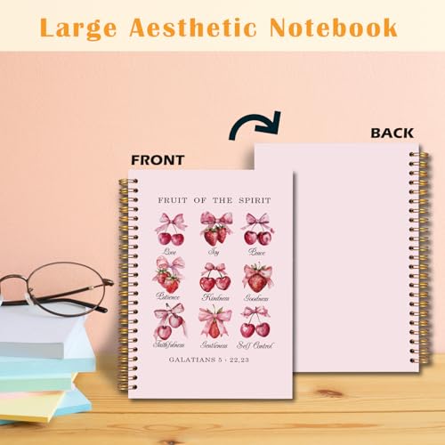 JINYO Coquette Pink Bow Cherry Strawberry Christian Notebook, Fruit of the Spirit Bible Notebook, Prayer Journal for Woman, Church Notes Journal, Scripture Spiral Notebooks 5.5x8.3 Inch（Pink） - color: white Cherry Strawberry Notebook