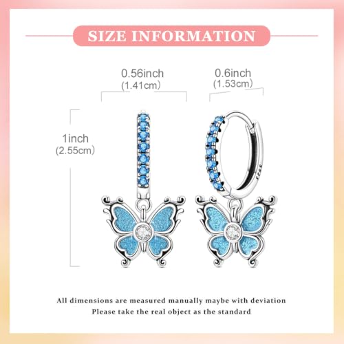 925 Sterling Silver Cute Animal Unique Huggie Hoop Earrings for Women - color: Blue Glitter Butterfly