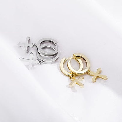 JINAO Cross Hoop Dangle Earrings for Men Women - color: Stainless Steel Gold