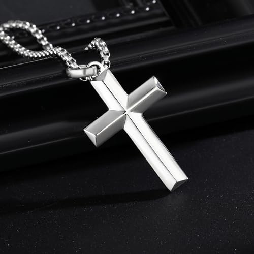 Stainless Steel Cross Necklace for Men with Adjustable Box Chain Christian Cross neckalce Gift - color: Silver-B