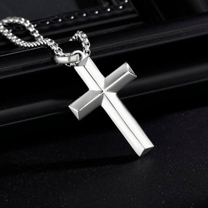 Stainless Steel Cross Necklace for Men with Adjustable Box Chain Christian Cross neckalce Gift - color: Silver-B