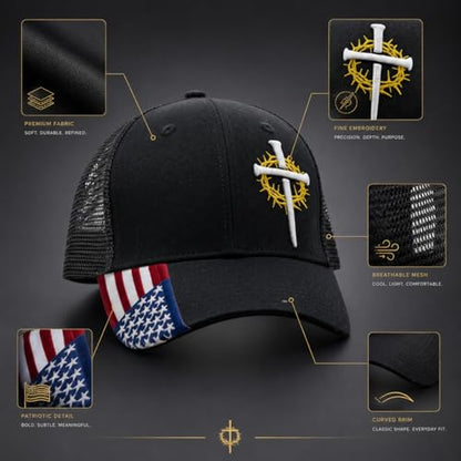 Christian Cross Baseball Cap for Men, American Flag - color: Black