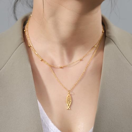 Ichthus Necklace for Women Christian Jesus Fish Necklace Christ Fish Cross Ichthys Pendant Necklace Ichthus Fish Religious Symbol Pendant Christian Jewelry Gift - color: Jesus Fish 2 gold