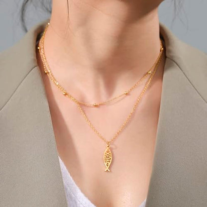 Ichthus Necklace for Women Christian Jesus Fish Necklace Christ Fish Cross Ichthys Pendant Necklace Ichthus Fish Religious Symbol Pendant Christian Jewelry Gift - color: Jesus Fish 2 gold