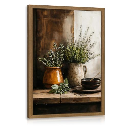 Dynazo Wood Framed Herb Kitchen Wall Art, Rustic Botanical Still Life Wall Decor, Vintage Farmhouse Greenery Poster Print, French Country Cottagecore Artwork for Kitchen Dining Room 12x16 Inch - color: Herbs, size: 16"L x 12"W