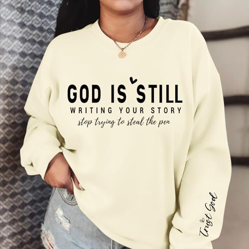 PAIEXILY Christian Crewneck Sweatshirts for Women God Faith Bible Verse Pullover Jesus Religious Long Sleeve Shirts Tops - color: Apricot, size: Medium