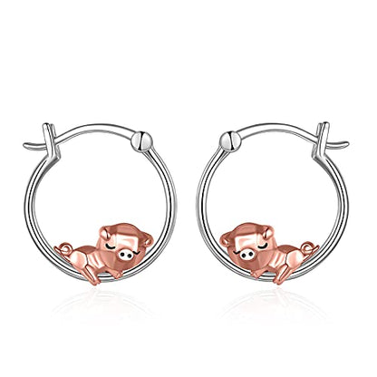 Fox/Pig/Mushroom/Cat Earrings Sterling Silver Cute Hoop Earrings Animal Jewelry Gifts for Women Daughter - style: pig