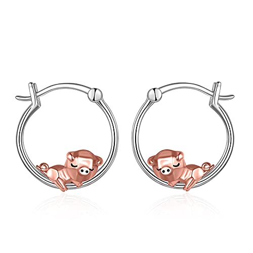 Fox/Pig/Mushroom/Cat Earrings Sterling Silver Cute Hoop Earrings Animal Jewelry Gifts for Women Daughter - style: pig