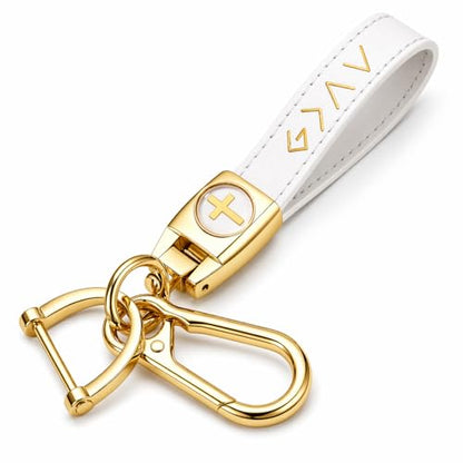 Christian Cross Leather Keychain for Men – Christian Gift for Dad Husband Son - color: White/Gold – God is Greater