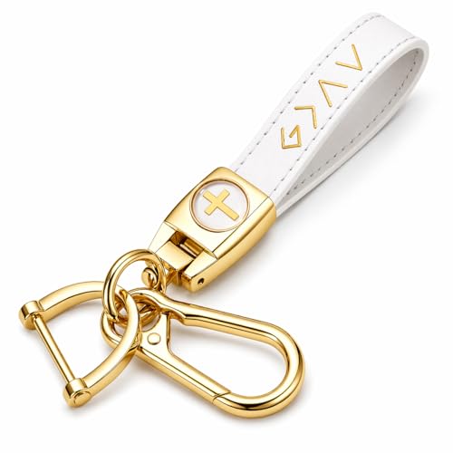 Christian Cross Leather Keychain for Men – Christian Gift for Dad Husband Son - color: White/Gold – God is Greater (Gift Box)