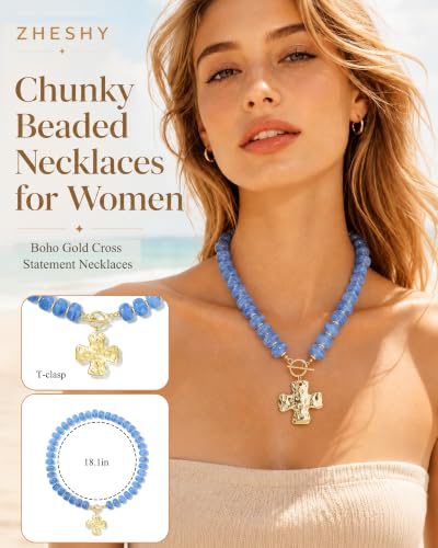 ZHESHY Chunky Beaded Necklaces for Women Heart Cross Statement Necklace - color: Blue 1