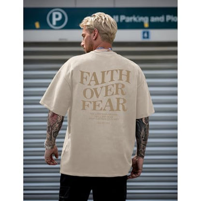 Christian Faith Over Fear Shirt for Men Jesus Religious Shirts Oversized Graphic Tees Acid Wash God T-Shirt - color: Apricot, size: Medium