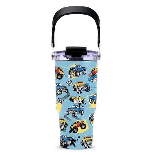 Monster Truck Tumbler with Top Handle and Flip Straw Lid 20oz Stainless Steel Insulated Travel Cups for Boys - Christmas Birthday Ideas for Monster Truck Kids Coffee Mugs - color: Truck01