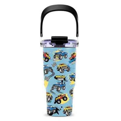 Monster Truck Tumbler with Top Handle and Flip Straw Lid 20oz Stainless Steel Insulated Travel Cups for Boys - Christmas Birthday Ideas for Monster Truck Kids Coffee Mugs - color: Truck01