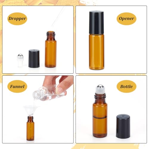 BENECREAT 30 Pack 5ml Amber Glass Essential Oils Roller Bottles with Stainless Steel Roller Balls 10Pcs 3ml Droppers, 4Pcs Funnels, 1Pc Openers for Essential Oils/Other Liquids - color: Light Brown, size: 5ml
