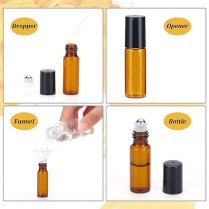 BENECREAT 30 Pack 5ml Amber Glass Essential Oils Roller Bottles with Stainless Steel Roller Balls 10Pcs 3ml Droppers, 4Pcs Funnels, 1Pc Openers for Essential Oils/Other Liquids - color: Light Brown, size: 5ml