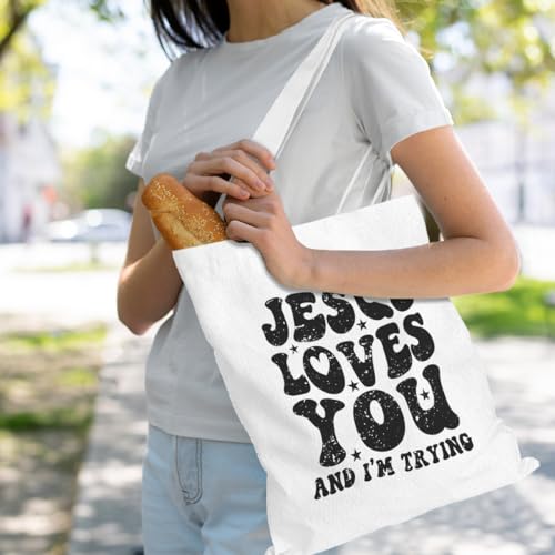 VICBOU Bible Verse Canvas Tote Bag Religious Christian Gifts for Women Men Faith Canvas Tote Reusable Grocery Bag - color: Jesuslovesyou