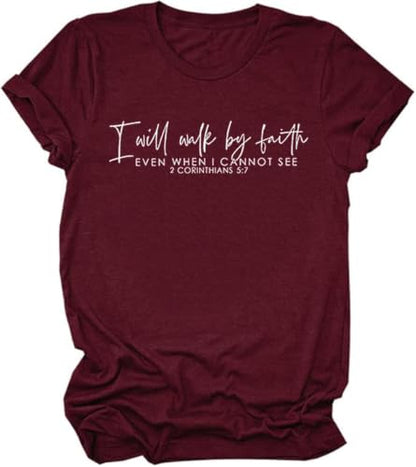 Women Bible Verse Print Christian T Shirt - color: Wine Red1, size: Medium