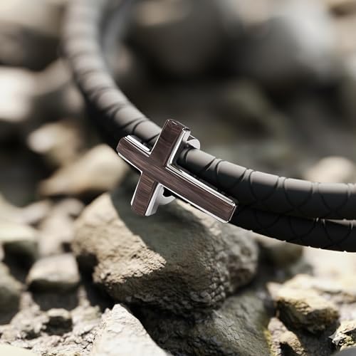 Rowdy Parrot FlexTech Adjustable Silicone Braided Rope Bracelet for Men - Waterproof, Sweatproof, One Size Fits All - Featuring Religious Christian Jesus Cross Design - color: Black Rope | Silver Metal Cross, Black Walnut Wood Inlay