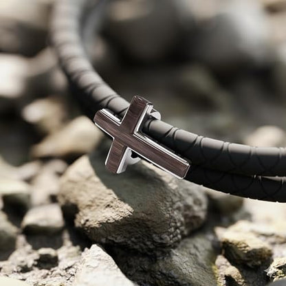Rowdy Parrot FlexTech Adjustable Silicone Braided Rope Bracelet for Men - Waterproof, Sweatproof, One Size Fits All - Featuring Religious Christian Jesus Cross Design - color: Black Rope | Silver Metal Cross, Black Walnut Wood Inlay